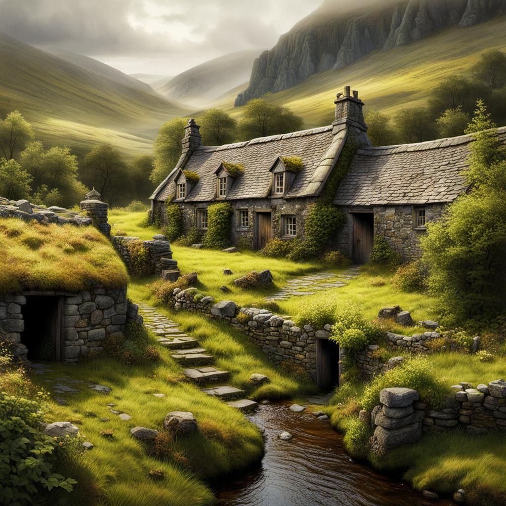 Ancient Village in the scottish highland country of old stone houses, barns, and buildings, abandoned, derelict, overgro...