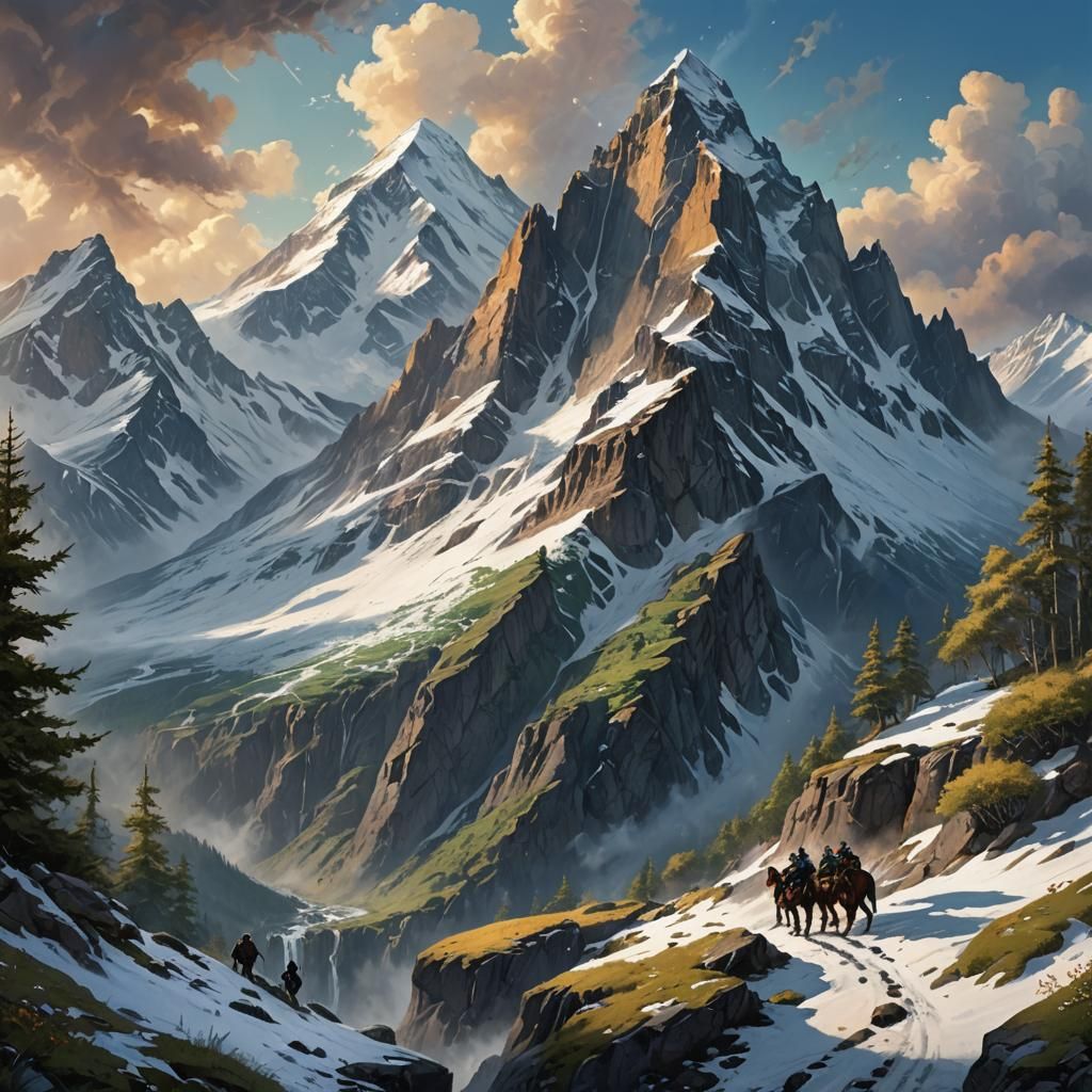 Snow-Capped Mountain Vista with Rangers: Fantasy Concept Art