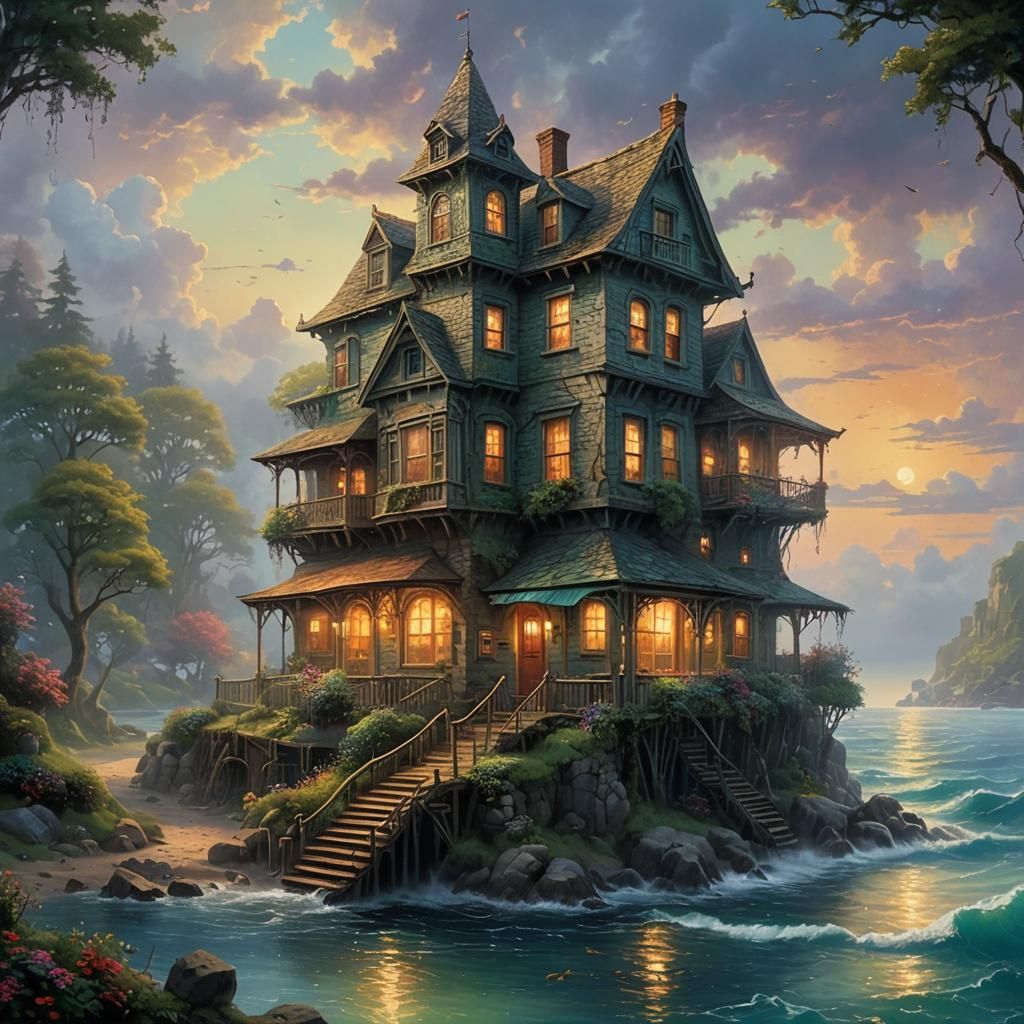 Rickety House on Island: Ethereal Fantasy Art