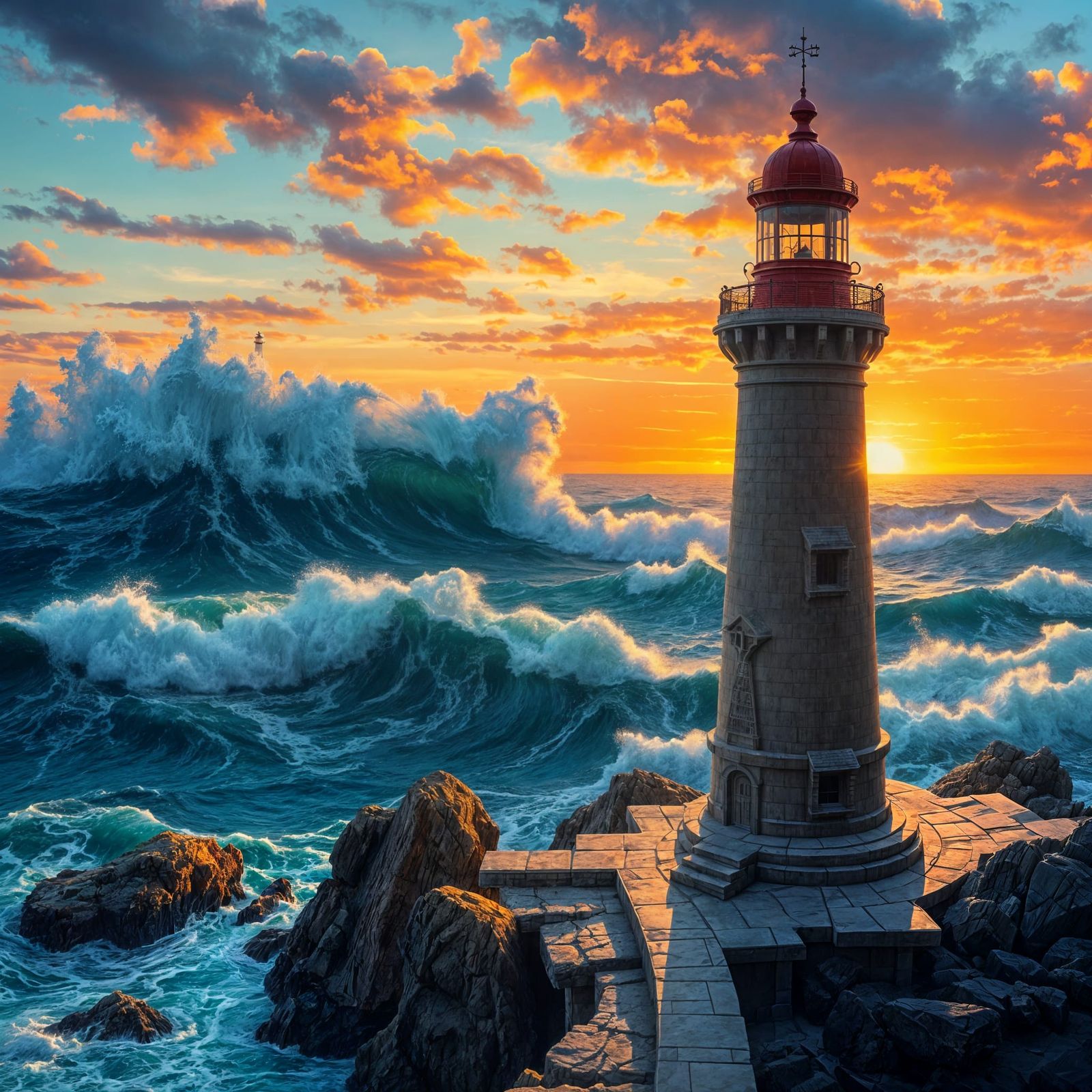 Majestic Lighthouse on a Rough Ocean at Sunset