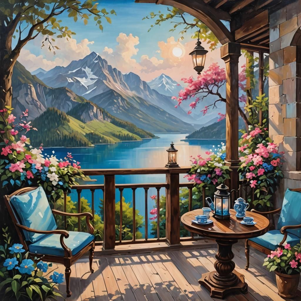 Serene Mountain Balcony Oil Painting at Sunset