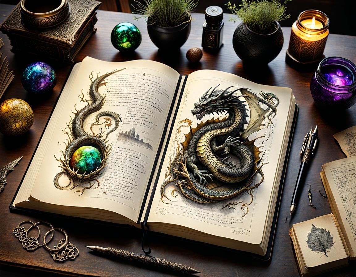 Dragon Drawings in Open Journal, Sunlight