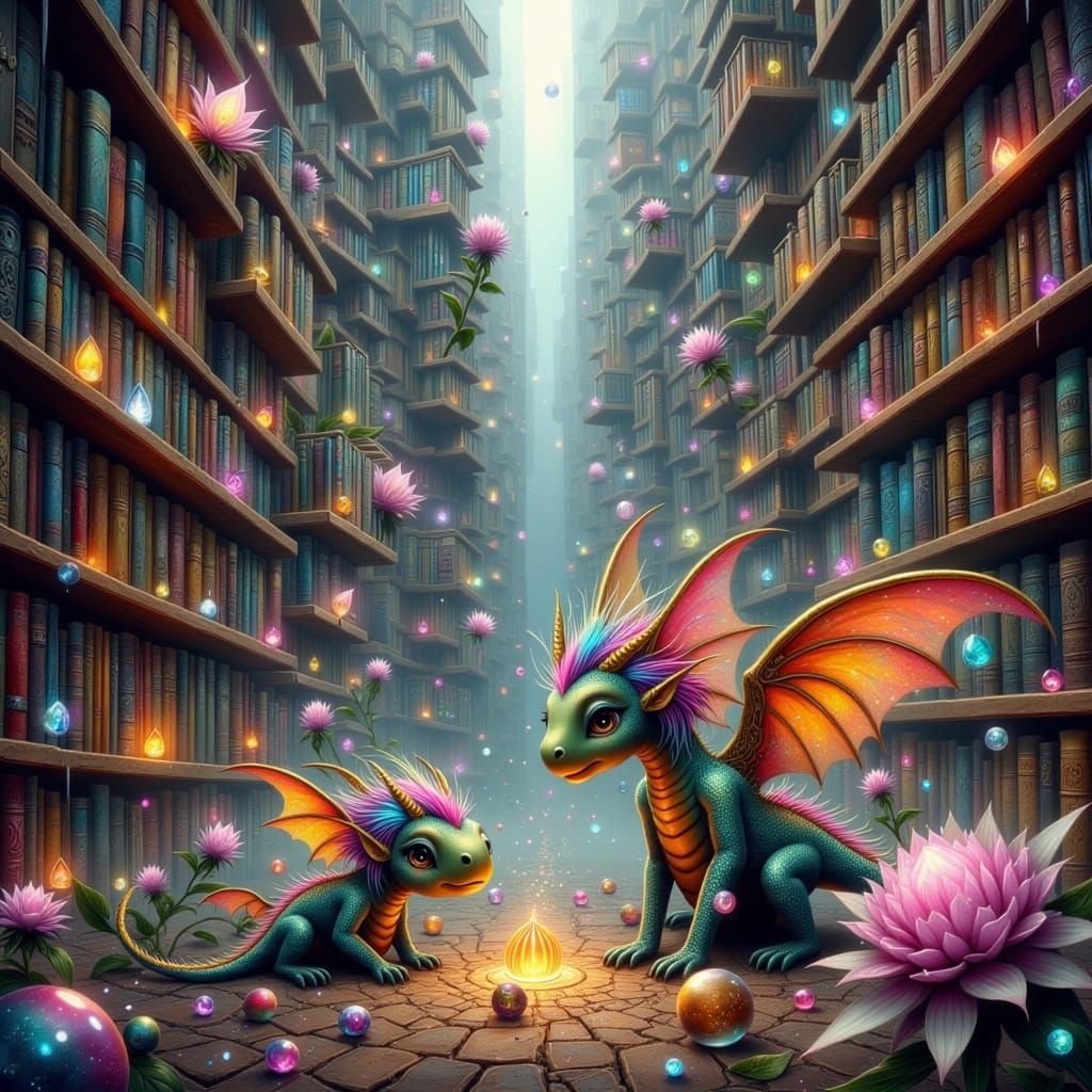 Whimsical Library Realm: Cute Dragons Discover Shiny Treasur...