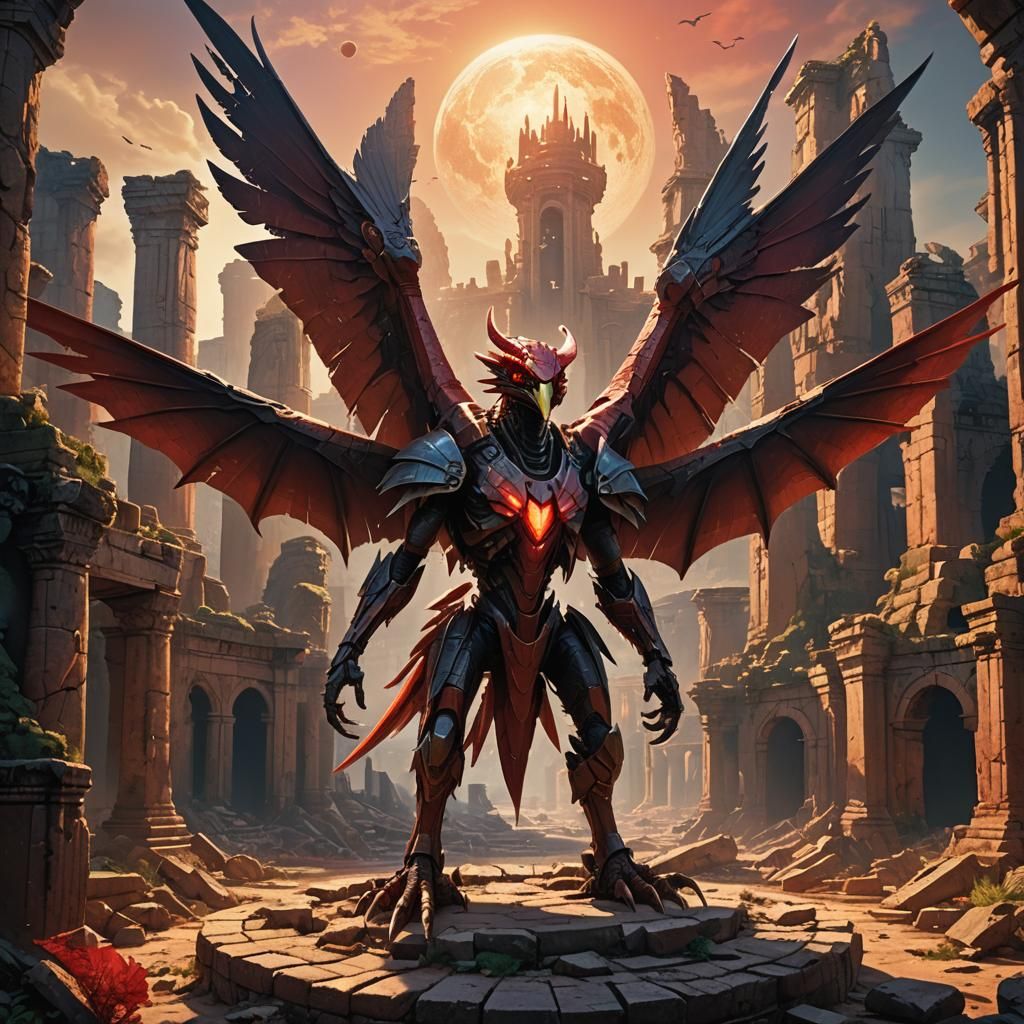 Red Alien Pterodactyl Hybrid in Ancient Ruins