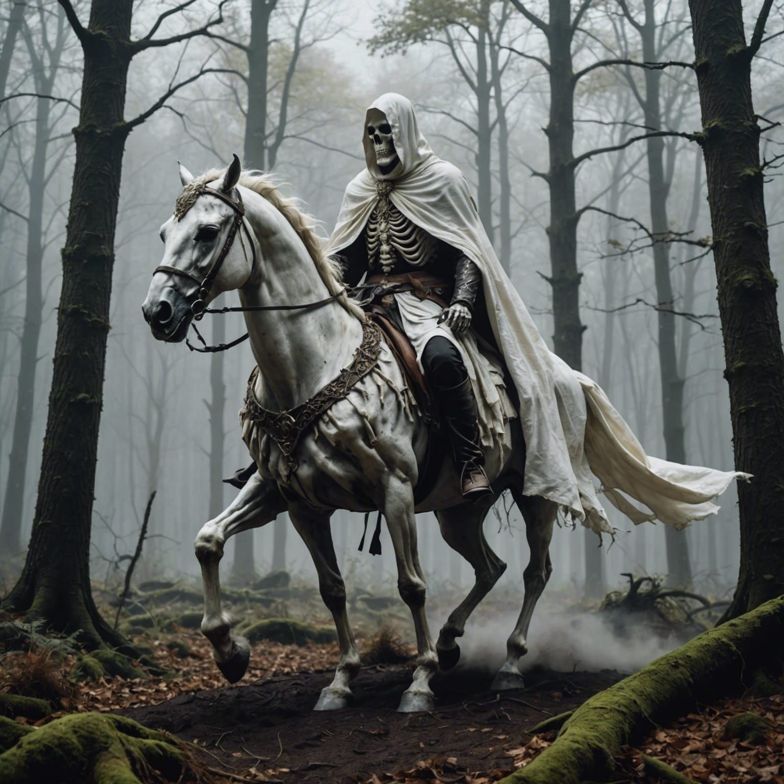 Skeletal Rider on Steed of Bones in Gloomy Forest