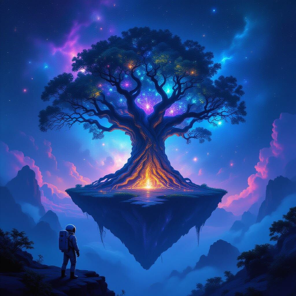 Astronaut Encounters Cosmic Tree Island in Nebula