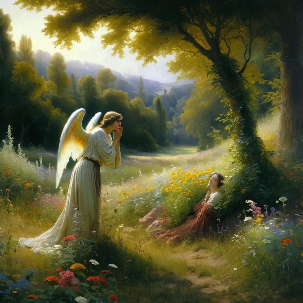 Angel of hope in a serene meadow, its delicate wings spread ...