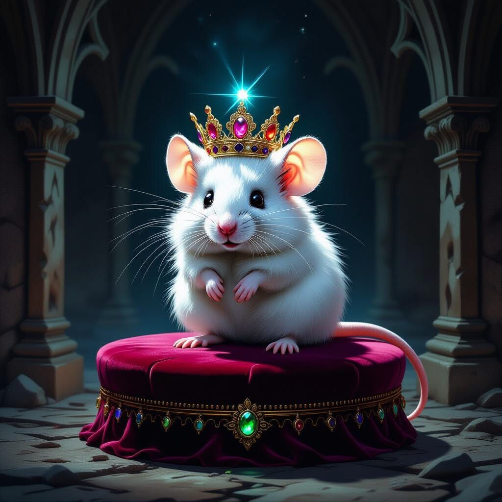 Fluffy Mouse King on Velvet Pedestal in Crypt