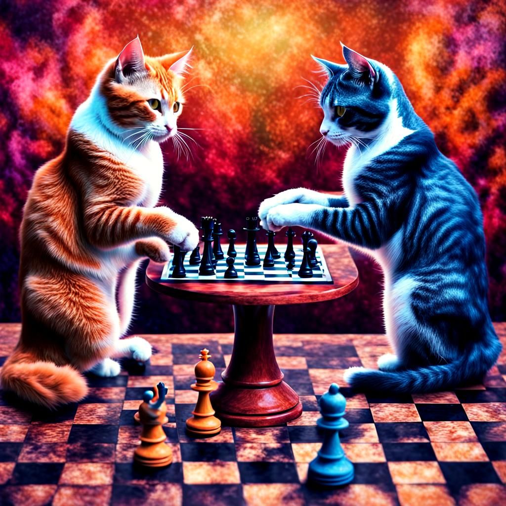 Psychedelic Cats Play Chess in Textured Scene