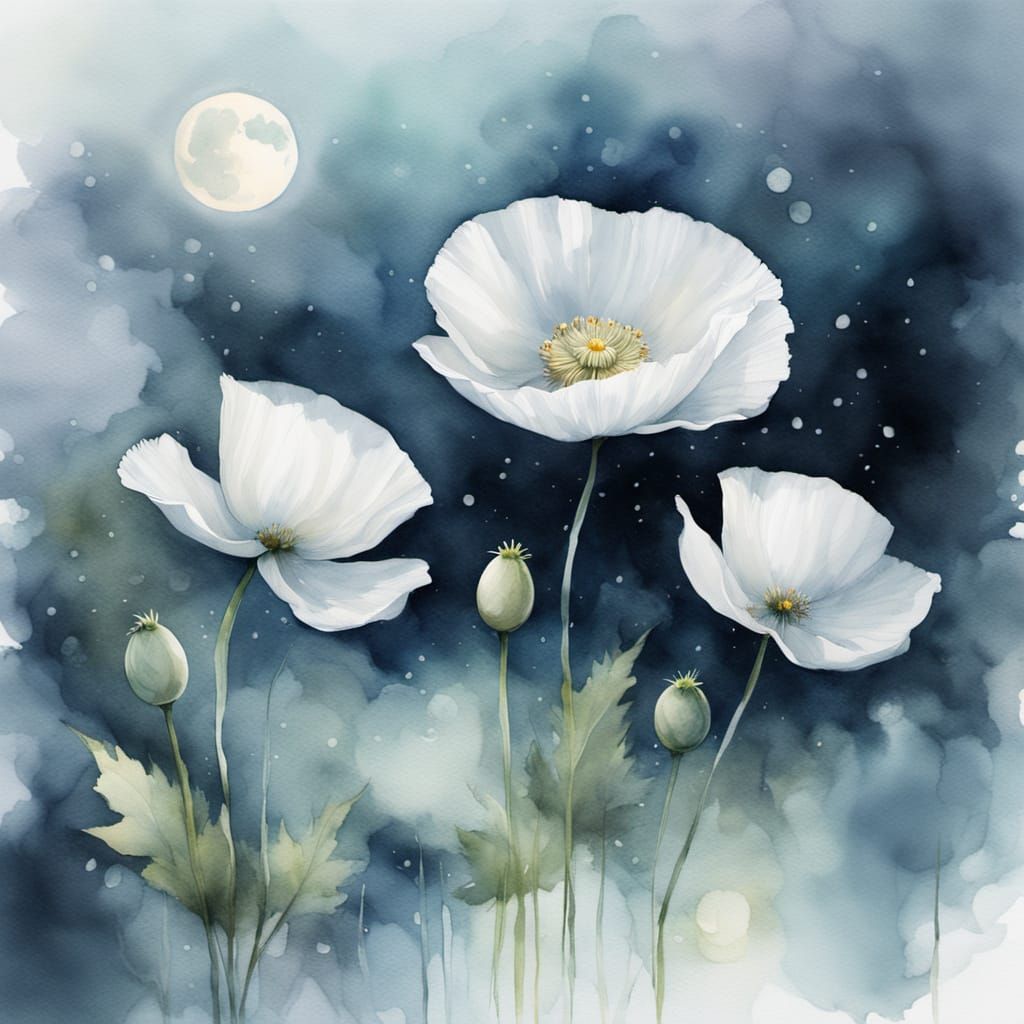 White Poppy in Moonlight Watercolor Painting