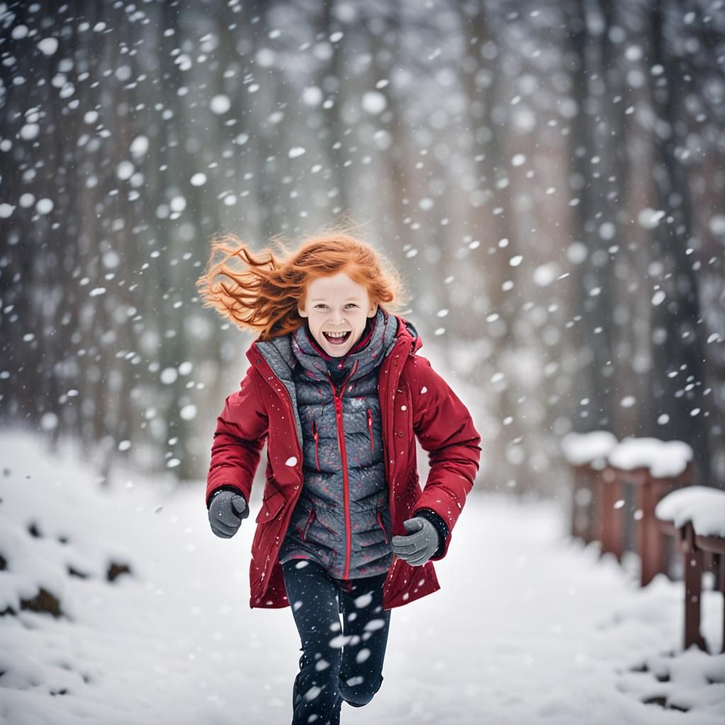 Girl with Red Hair Running in Winter Wonderland