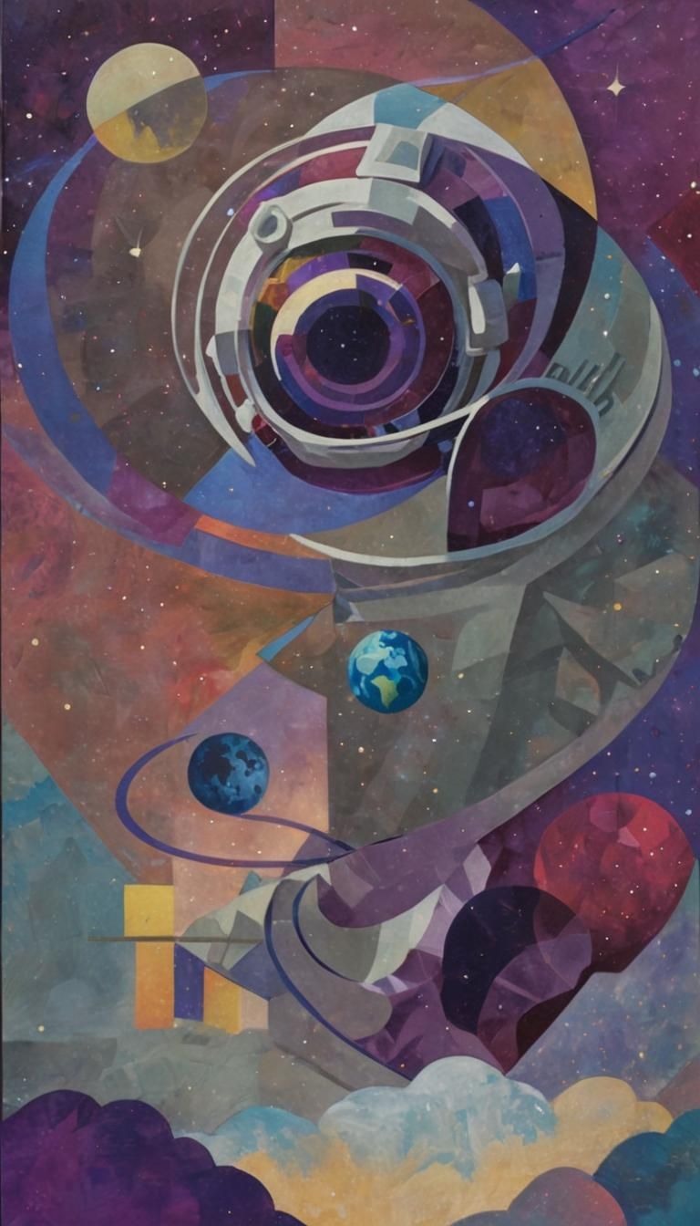 Astronaut Gazing at Earth: A Cubist Space Scene
