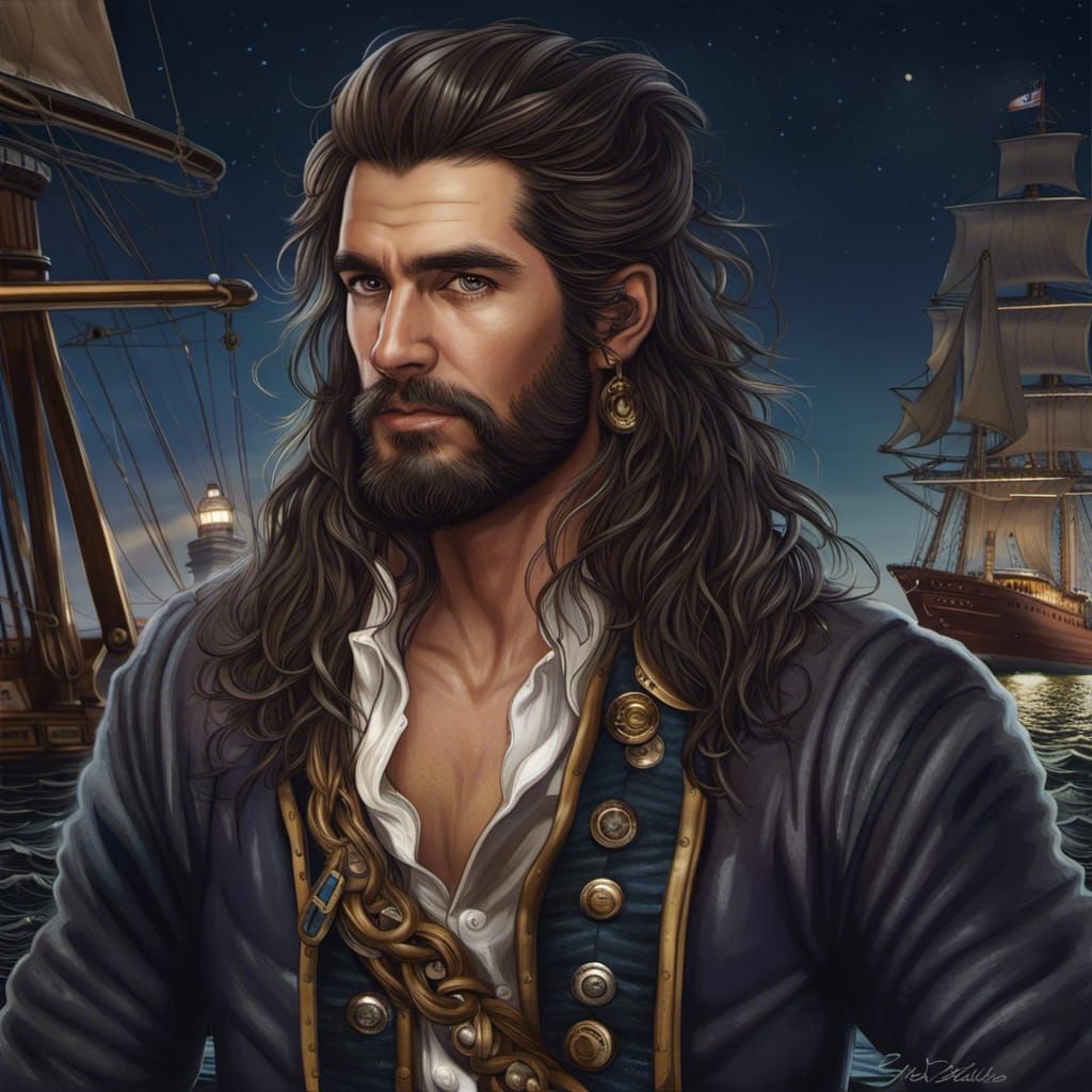 Photorealistic Pirate at Docks Under Three Moons