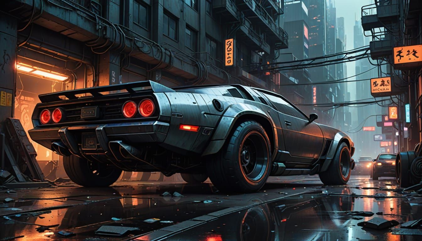 Cyberpunk Car Stuck in Futuristic Building, Isometric Perspe...