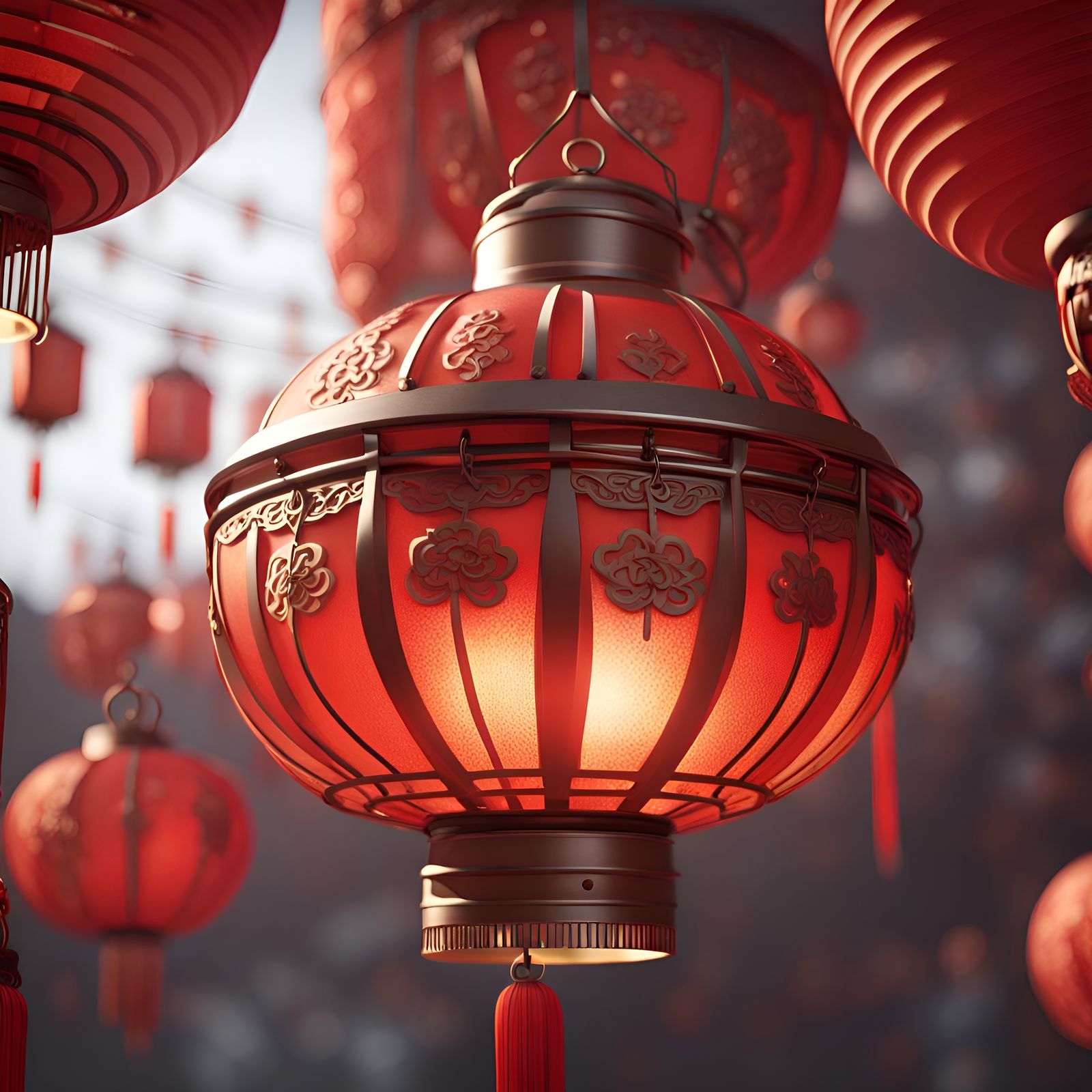 Chinese New Year Lantern Close-up in Detailed Matte Painting