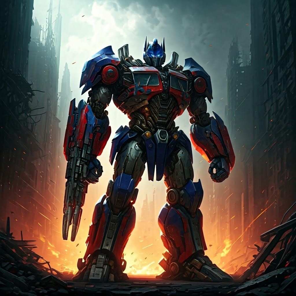 Optimus Prime in Devastated Cityscape, Industrial Aesthetic