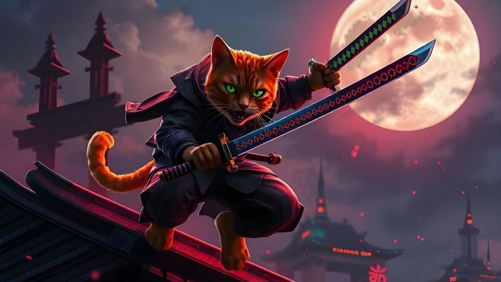 Cyberpunk Ninja Cat Leaps into Feudal Japan Night Sky