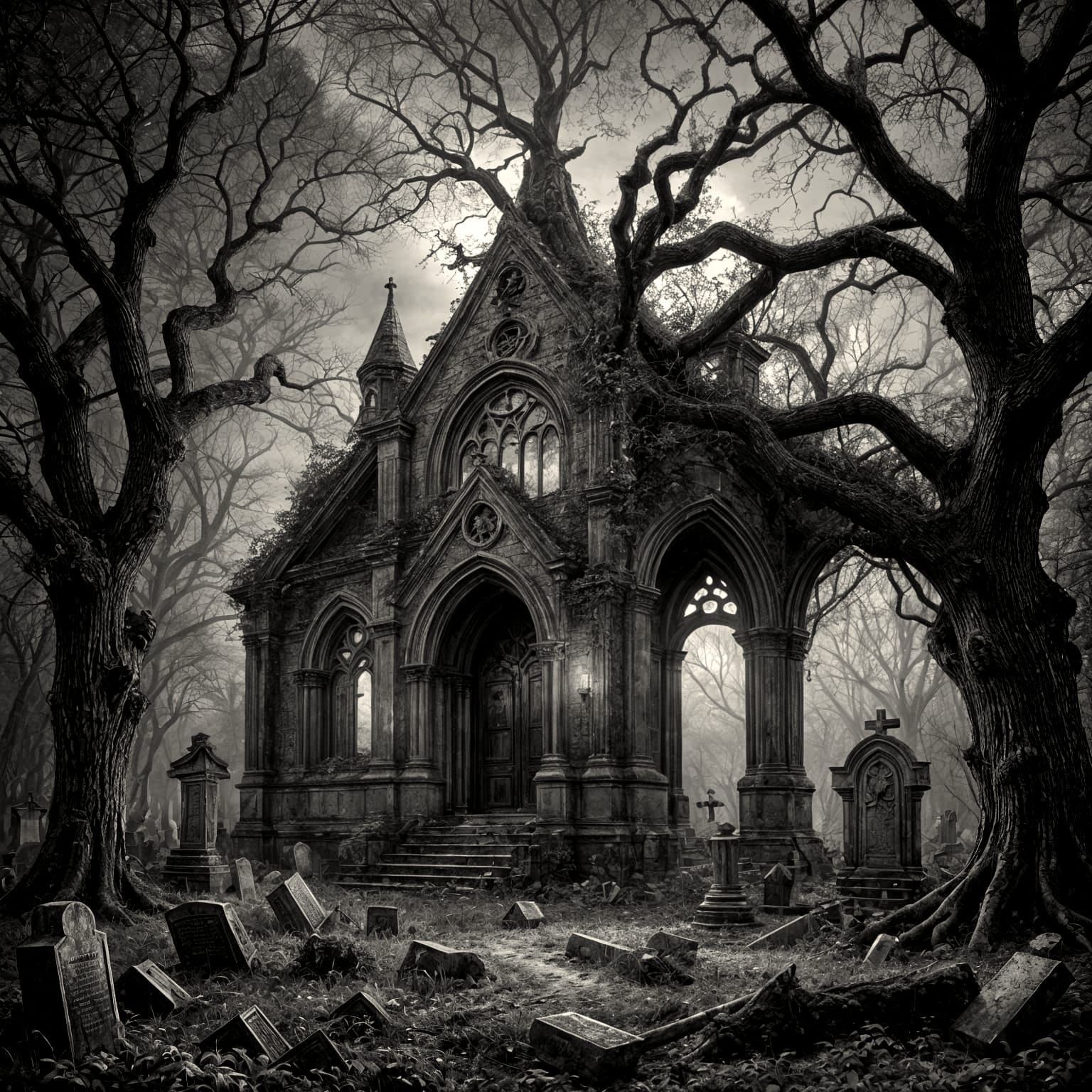 Abandoned Graveyard in Oak Forest with Ruined Chapel