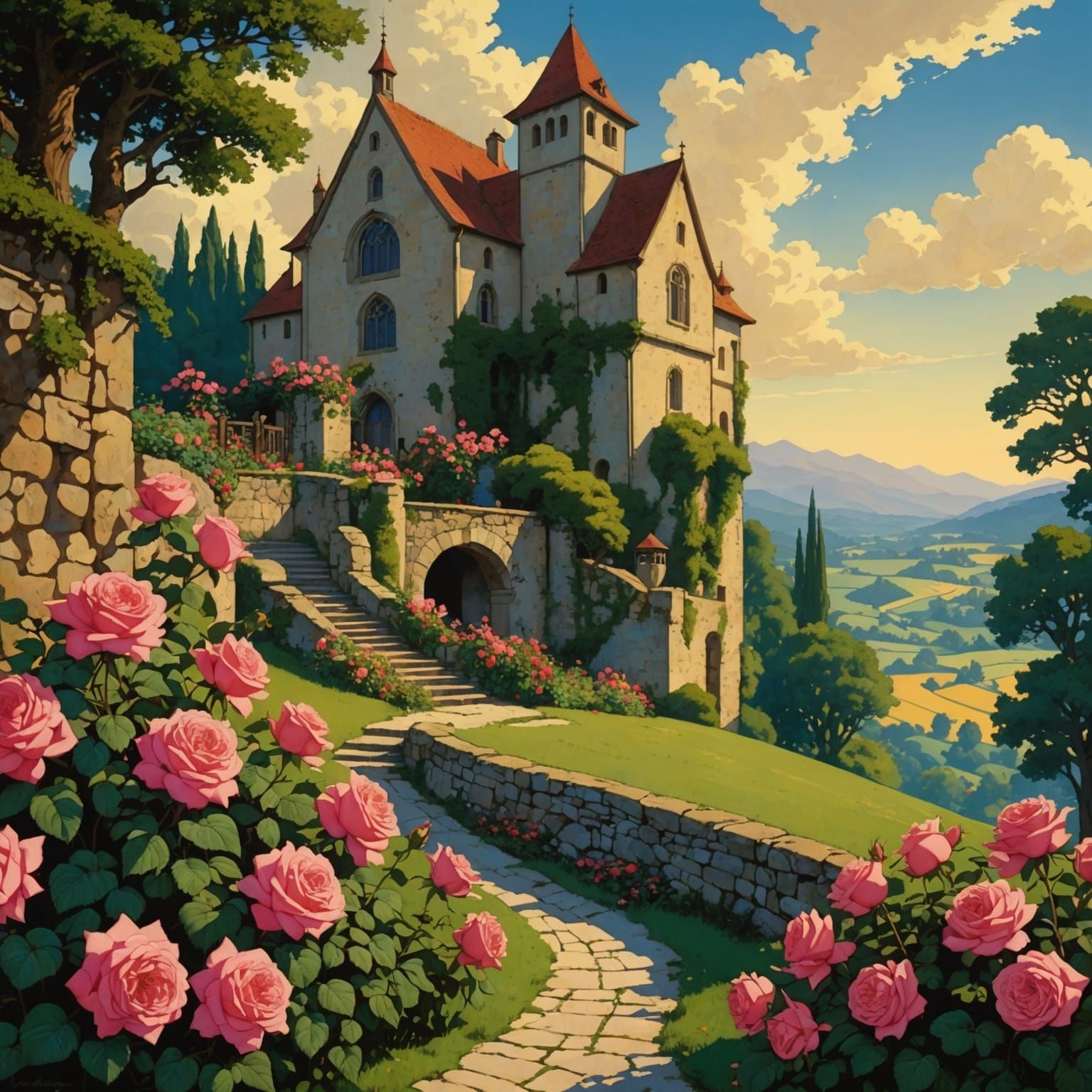 Anime Roses in Medieval Landscape, Parrish Style
