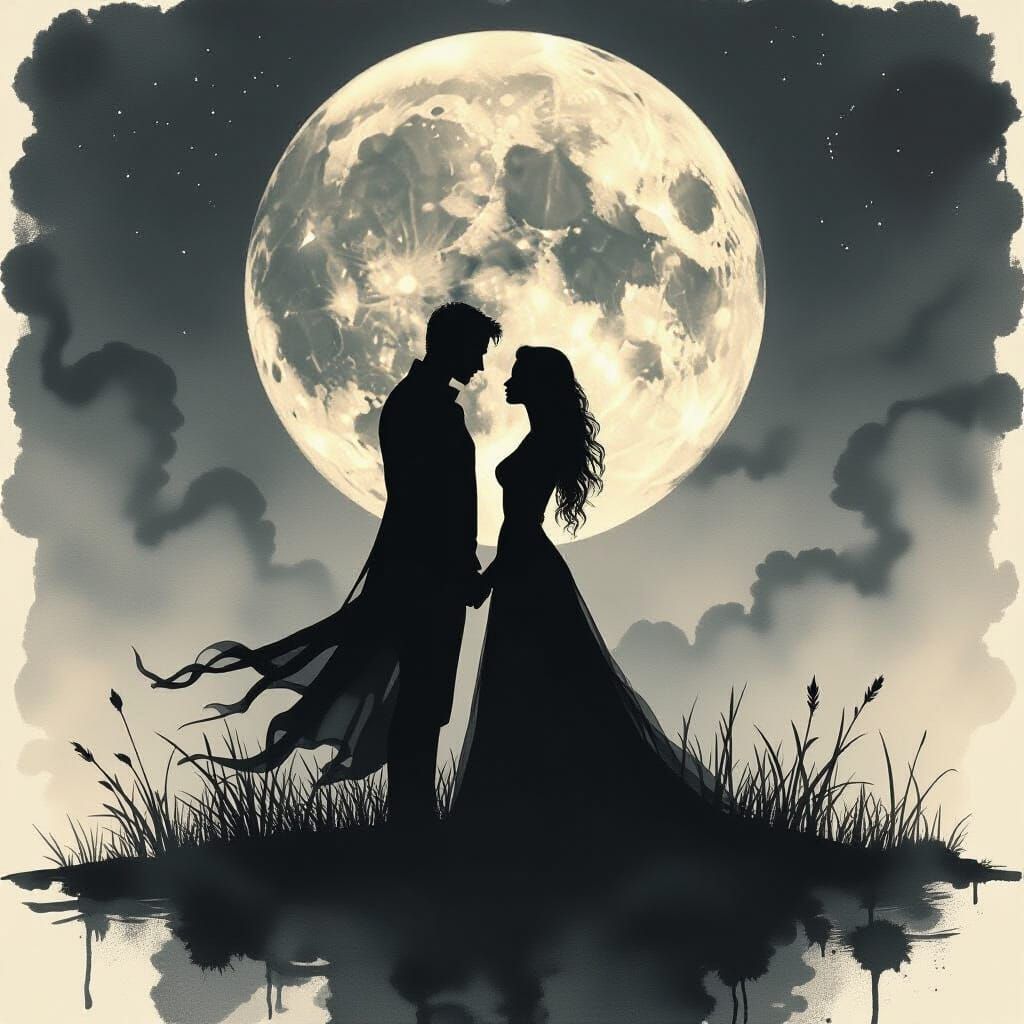 Mysterious Humanscape Under Full Moon: Mixed Media Art