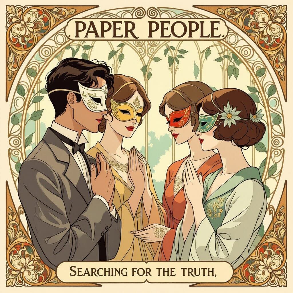 Art Nouveau Paper Figures with Masks in Muted Tones