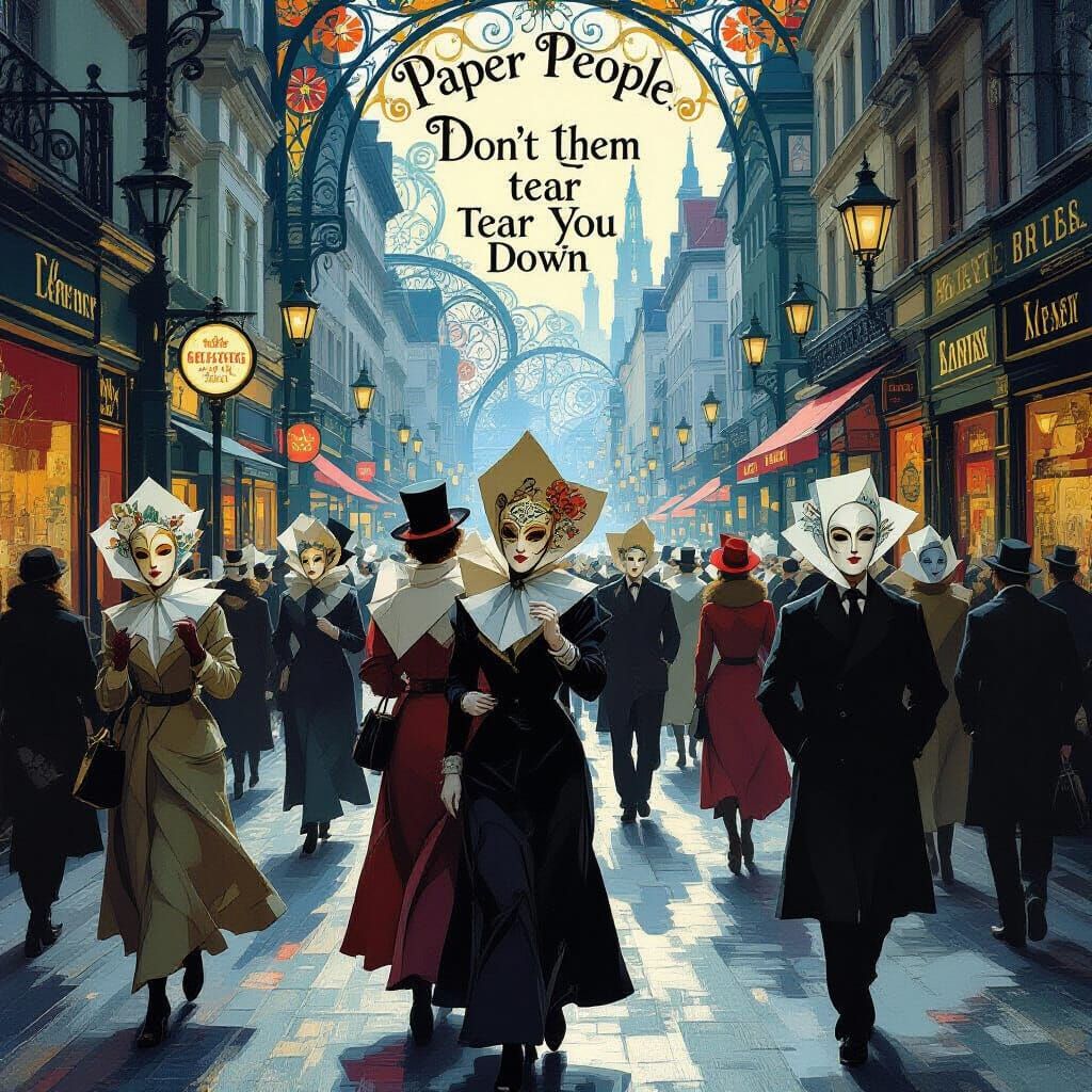 Art Nouveau Paper People in Masked City