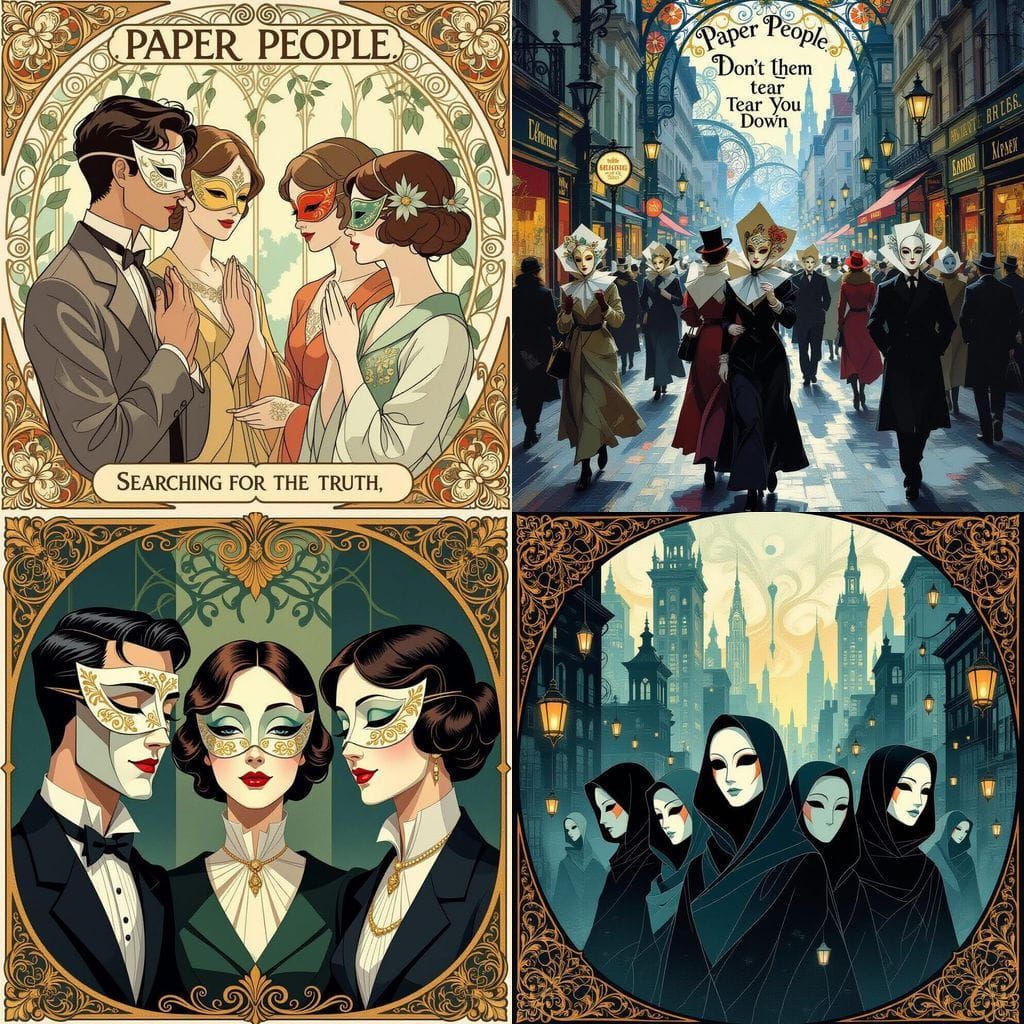 Art Nouveau Comic Style Paper People Masked