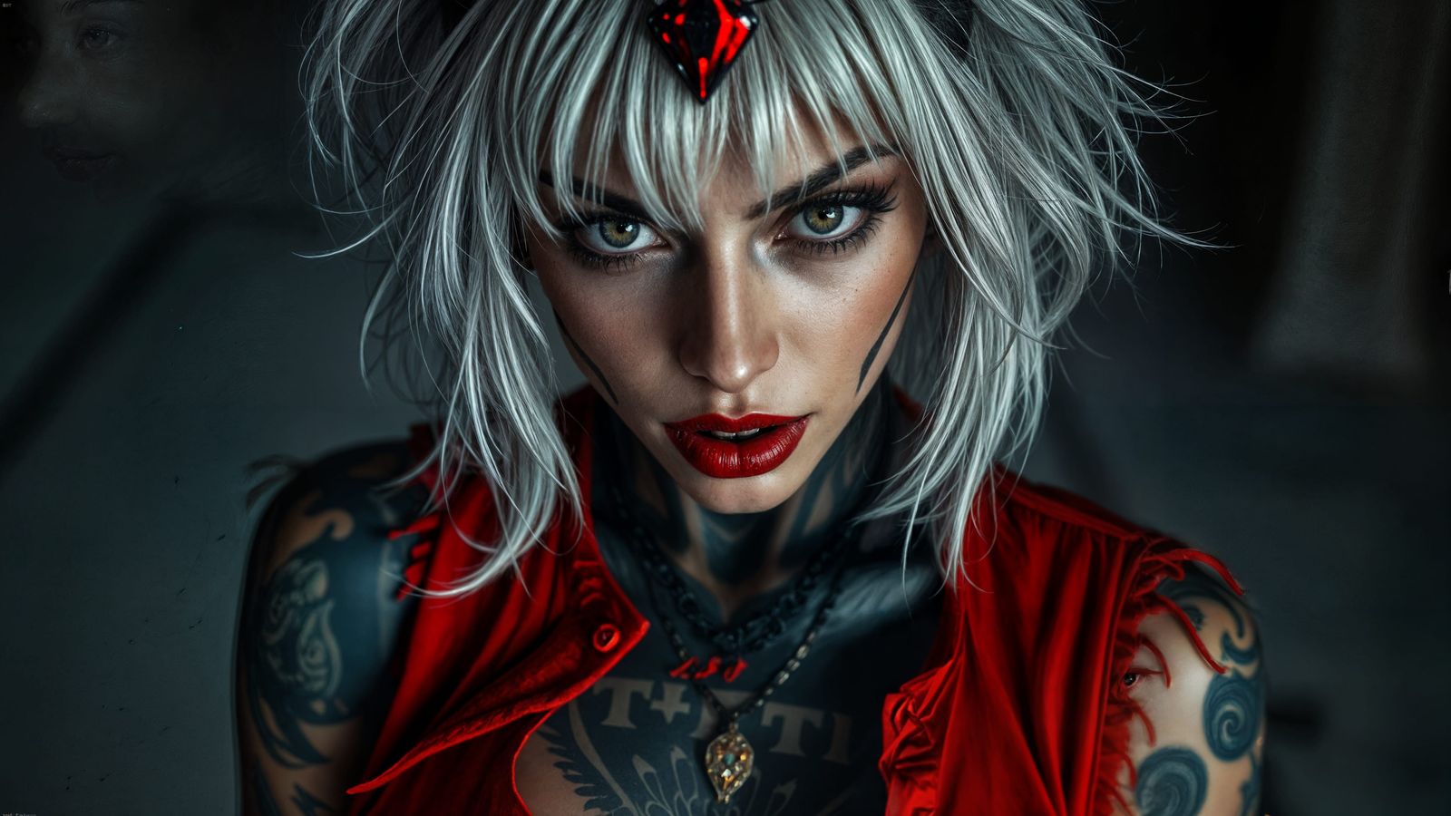 Corrupted Woman with Tattoos and Red Eyes