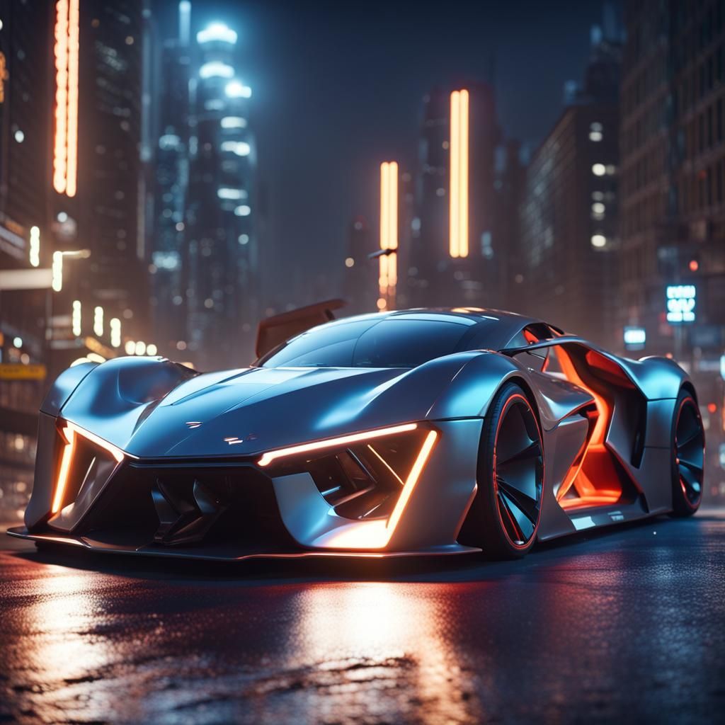 Futuristic High Tech Sports Car in City at Night