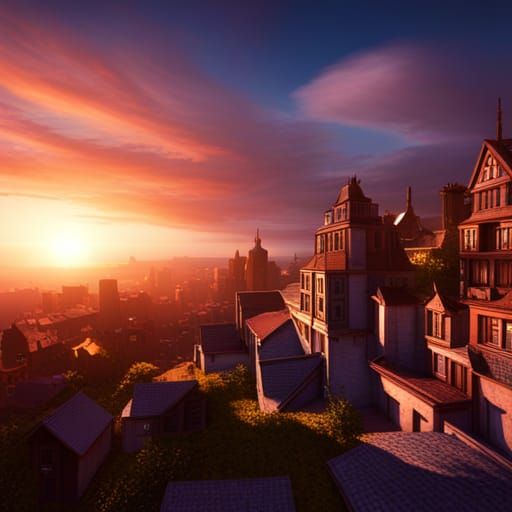 Fantasy Town Sunset: Hyperdetailed Dark Concept Art
