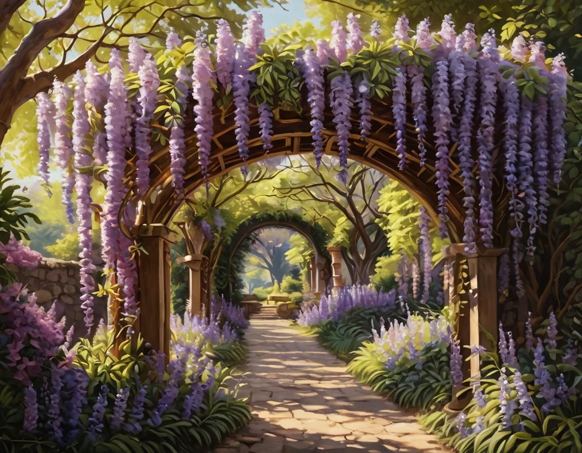Wisteria Archway Oil Painting in Lush Garden