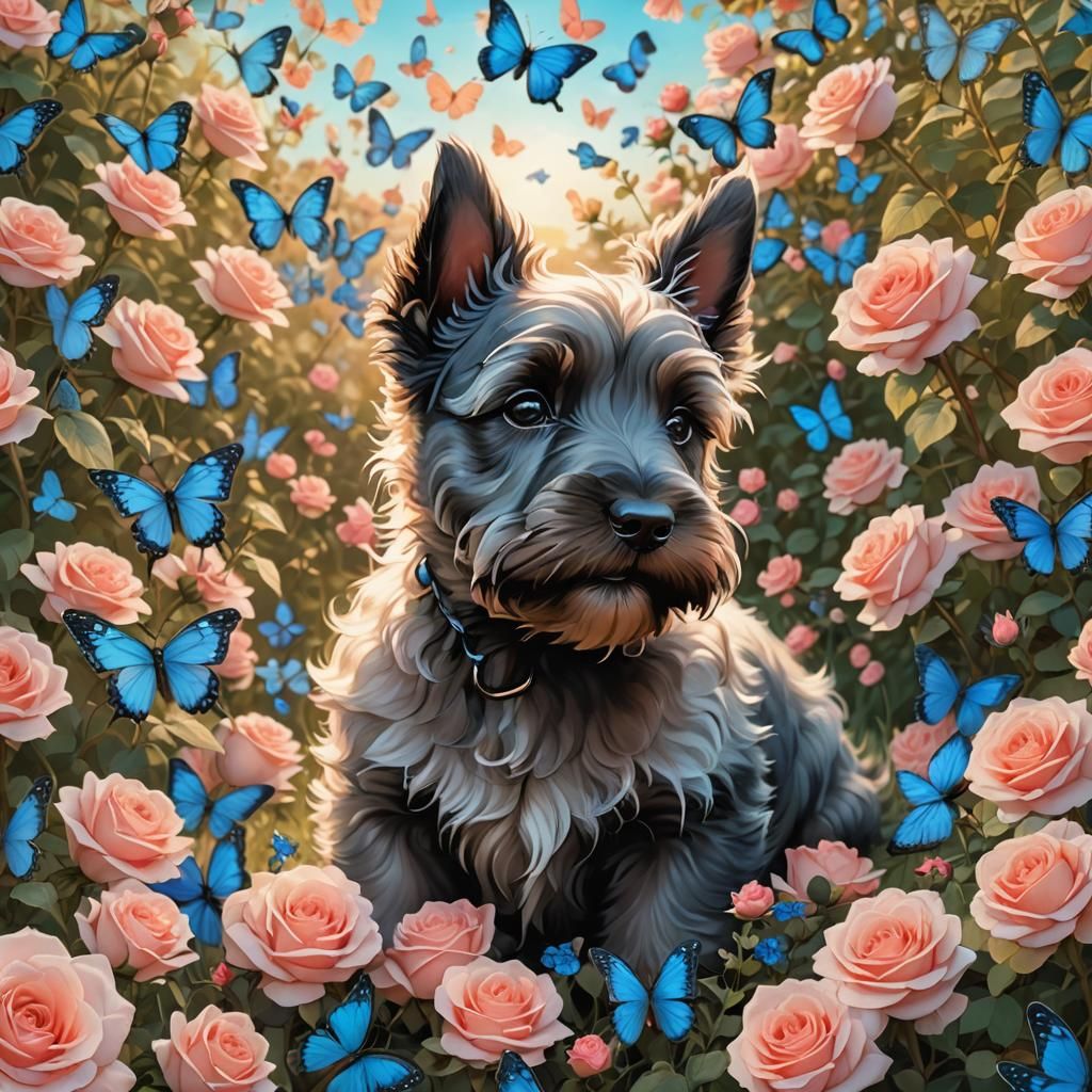 Anime Scottish Terrier Puppy in Rose Field