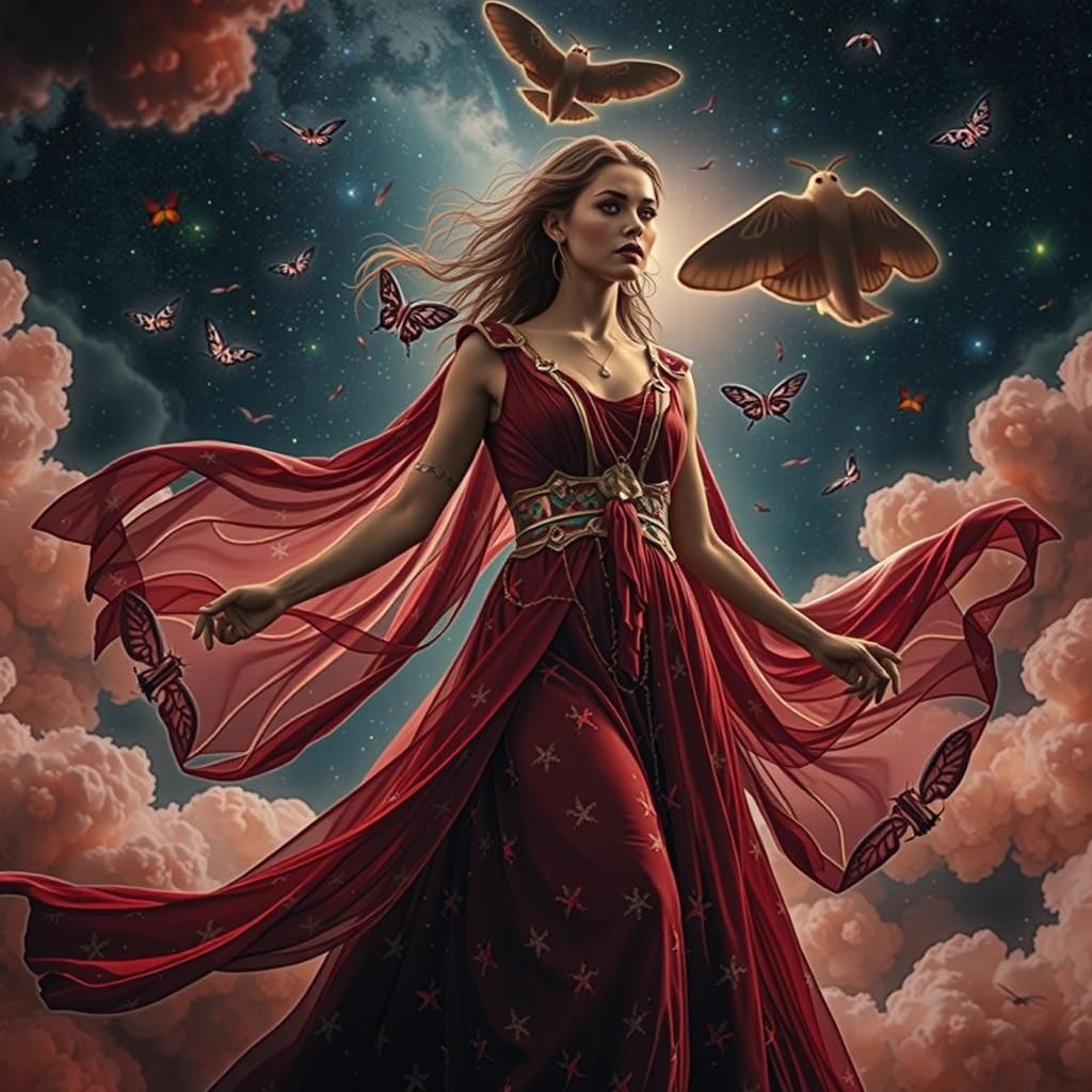 Goddess in Red with Moths and Red Moon