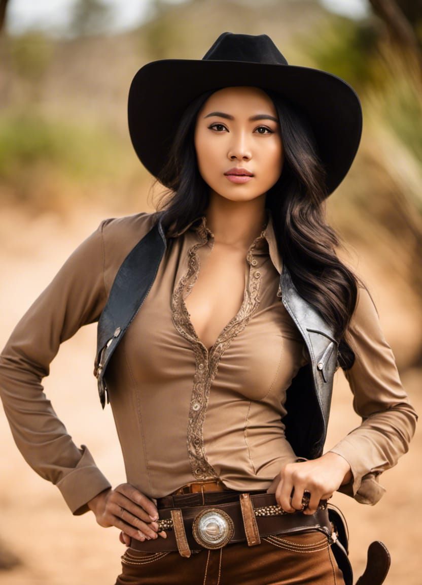 Indonesian Cowgirl in Tropical Landscape, Photorealistic Ren...