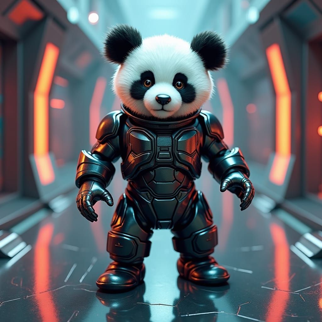 Baby Panda in Exosuit on Futuristic Metallic Floor