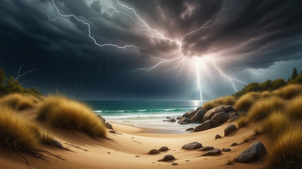 Dramatic Beach Thunderstorm in Atmospheric Style
