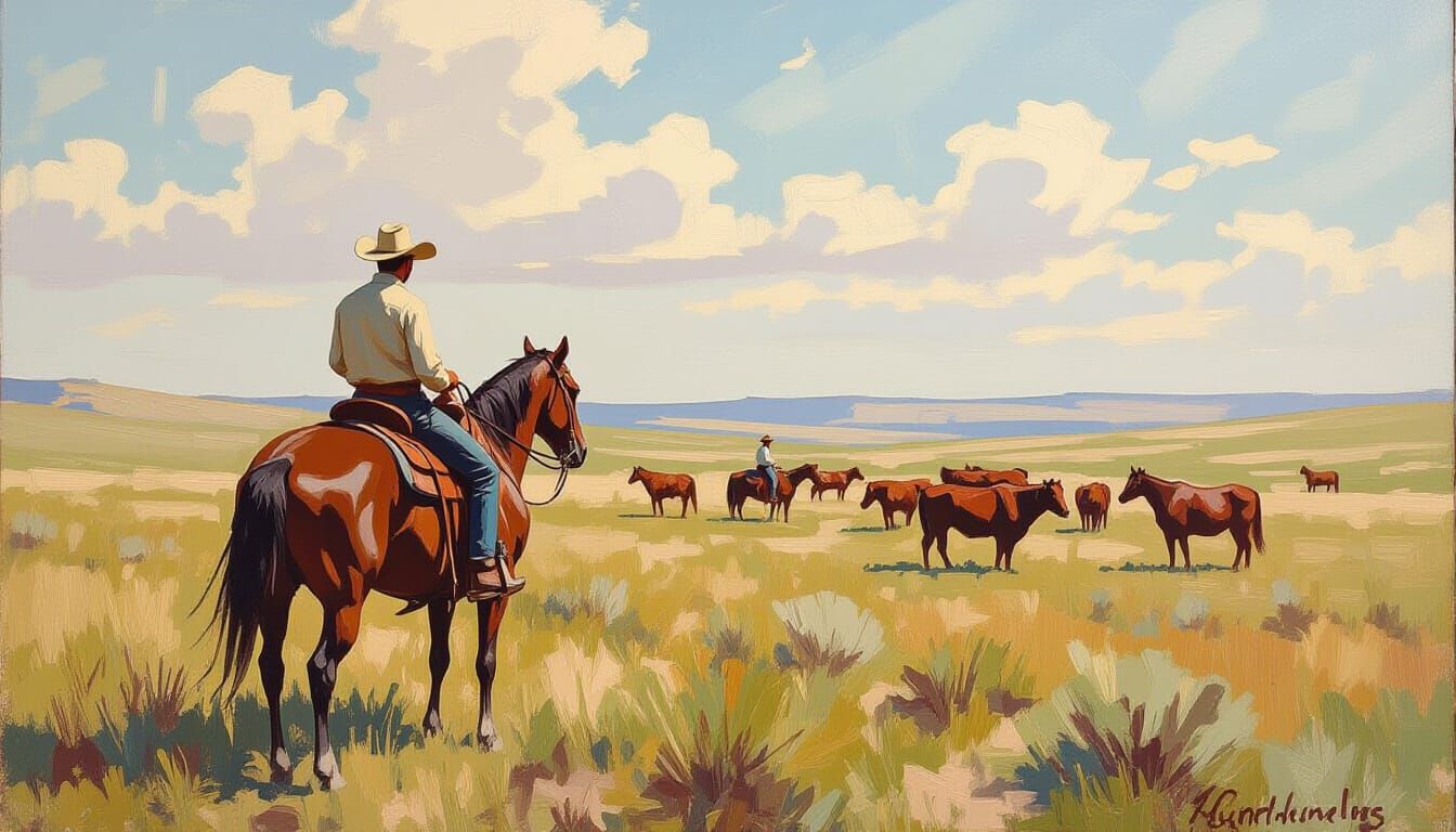 Cowboy Watching Cattle, Impressionistic Oil Painting