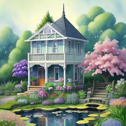 Isometric Victorian House with Garden in Watercolor Style
