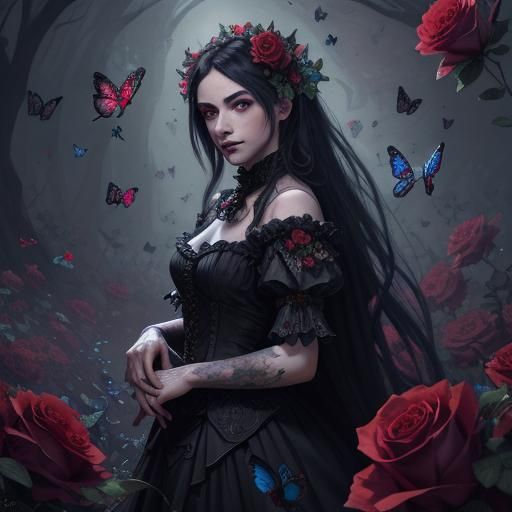 Detailed Vampire with Roses and Butterflies