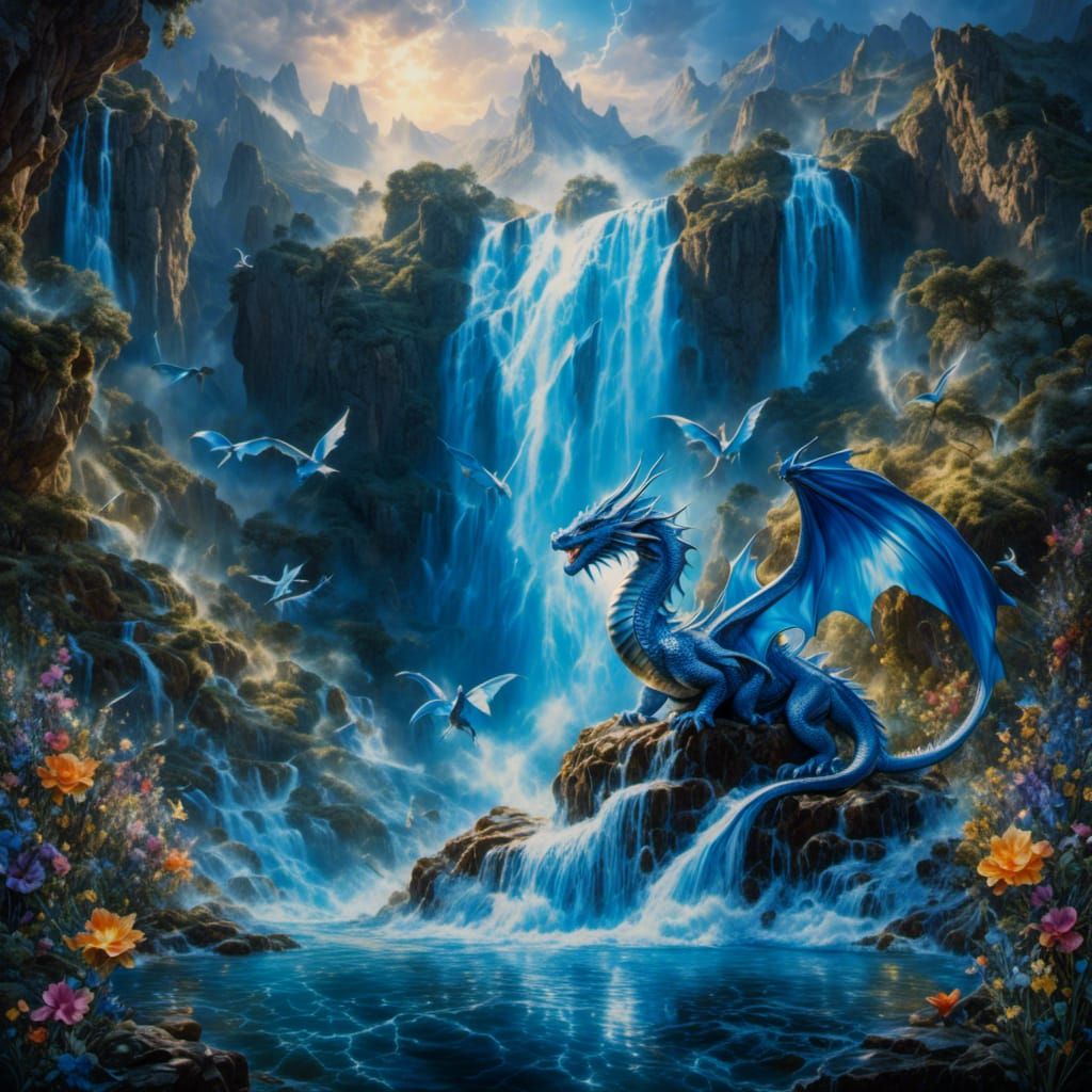 Dragon at a waterfall