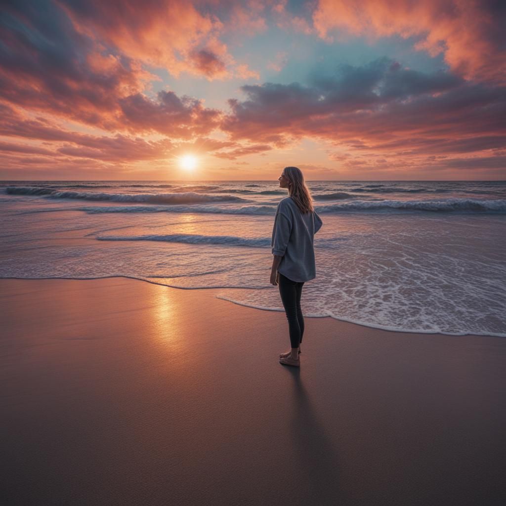 Woman on Beach at Colorful Sunset