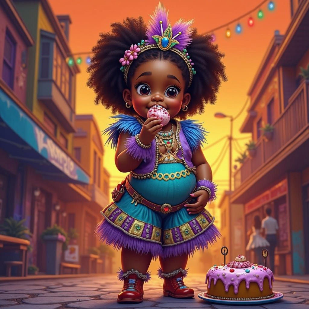 Vibrant Mardi Gras Indian Girl Devours Kingcake in Dynamic G...