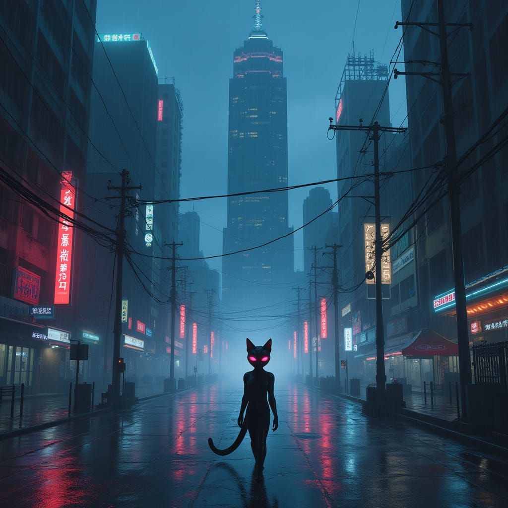 Cybernetic Cat in Neon Metropolis Streets
