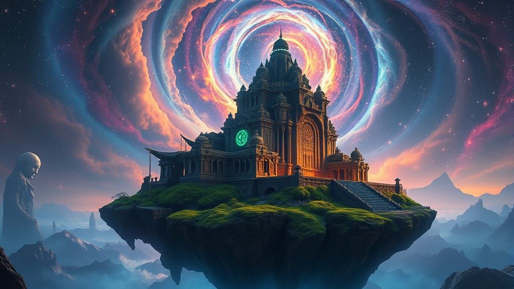 Ancient Temple on Floating Island in Nebula