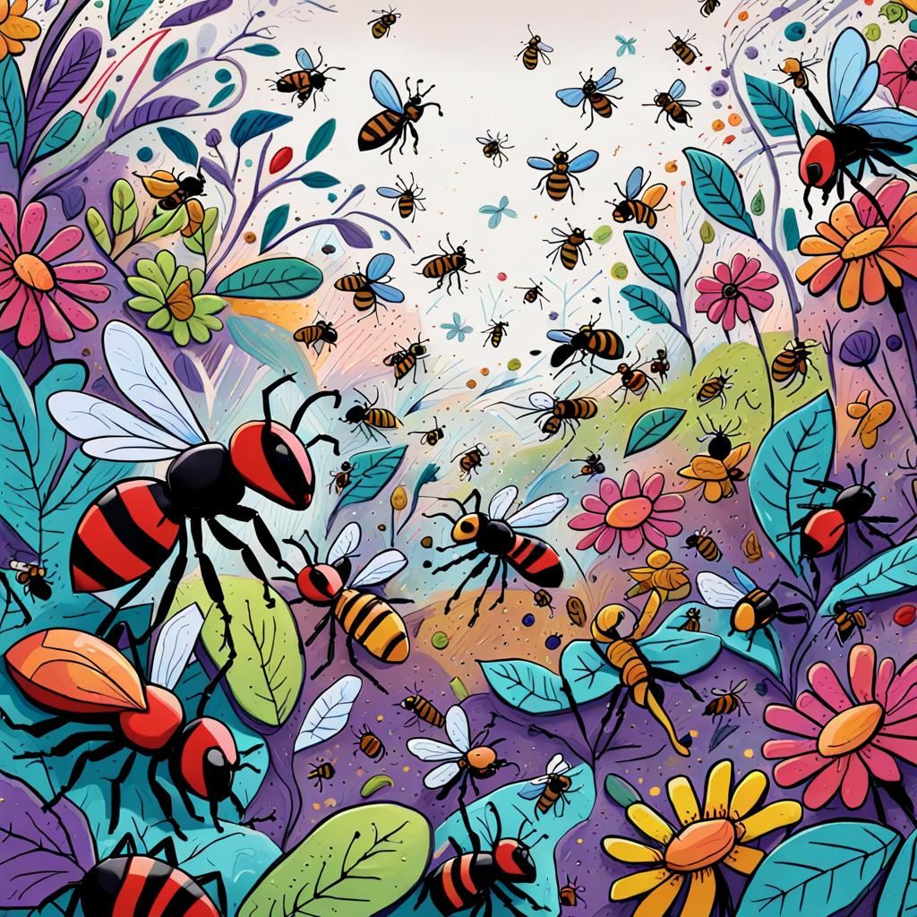 Colorful Doodle Art Featuring Bees and Ants