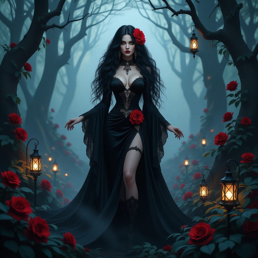 Oil, wet airbrush, a bold gothic woman with long lush messy ...