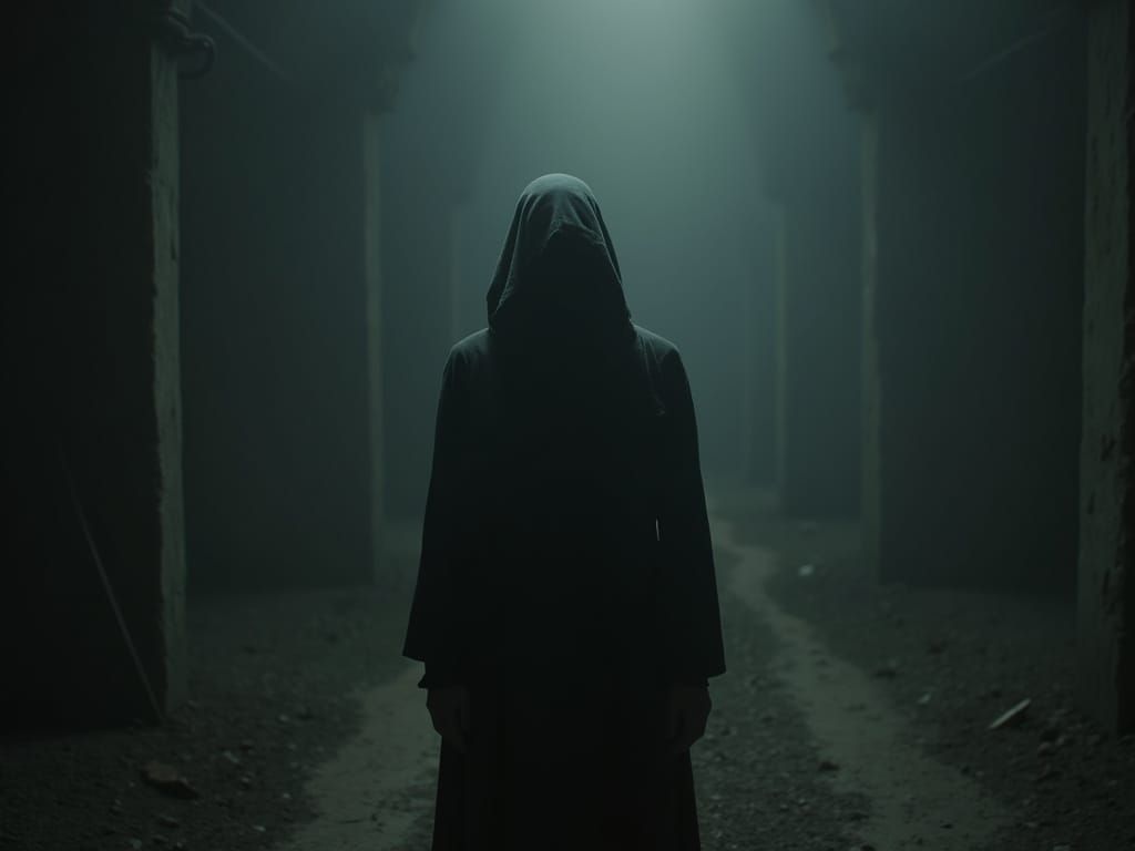 Mournful Figure in Somber Darkness: Cinematic Film Still
