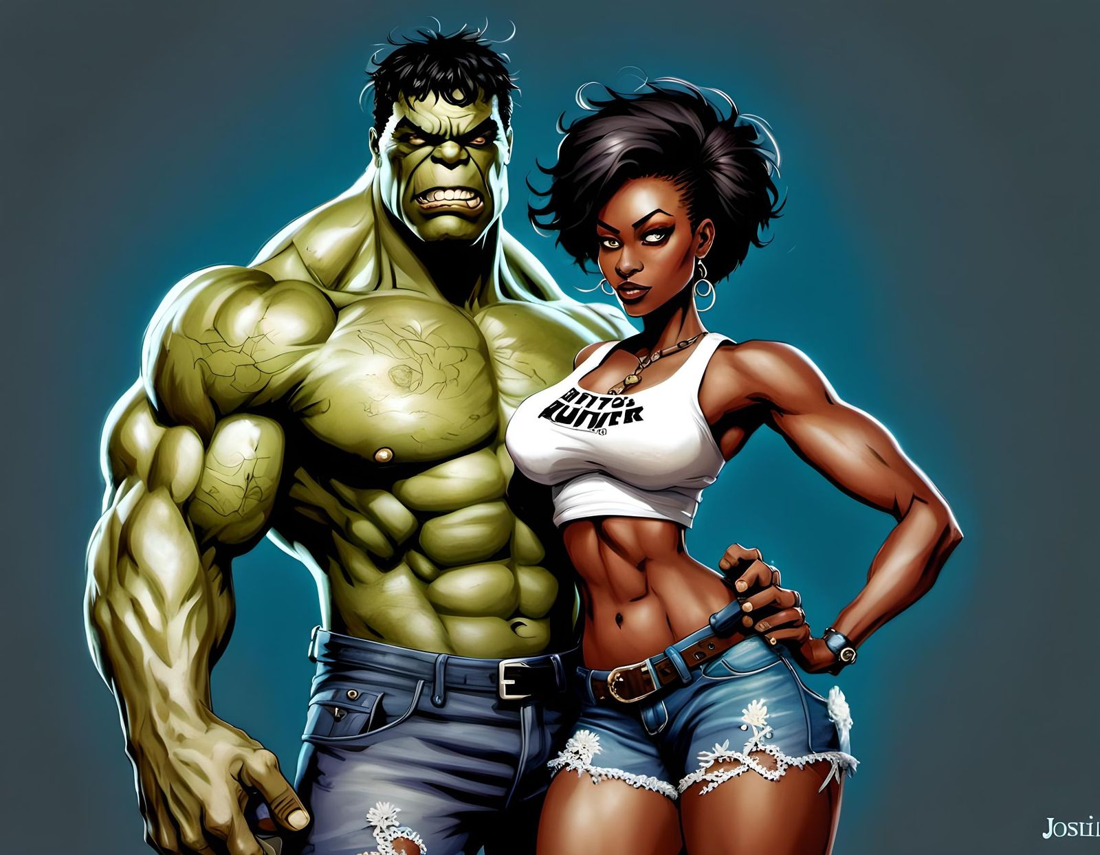Steampunk Hulk Holding a Woman: Fantasy Art