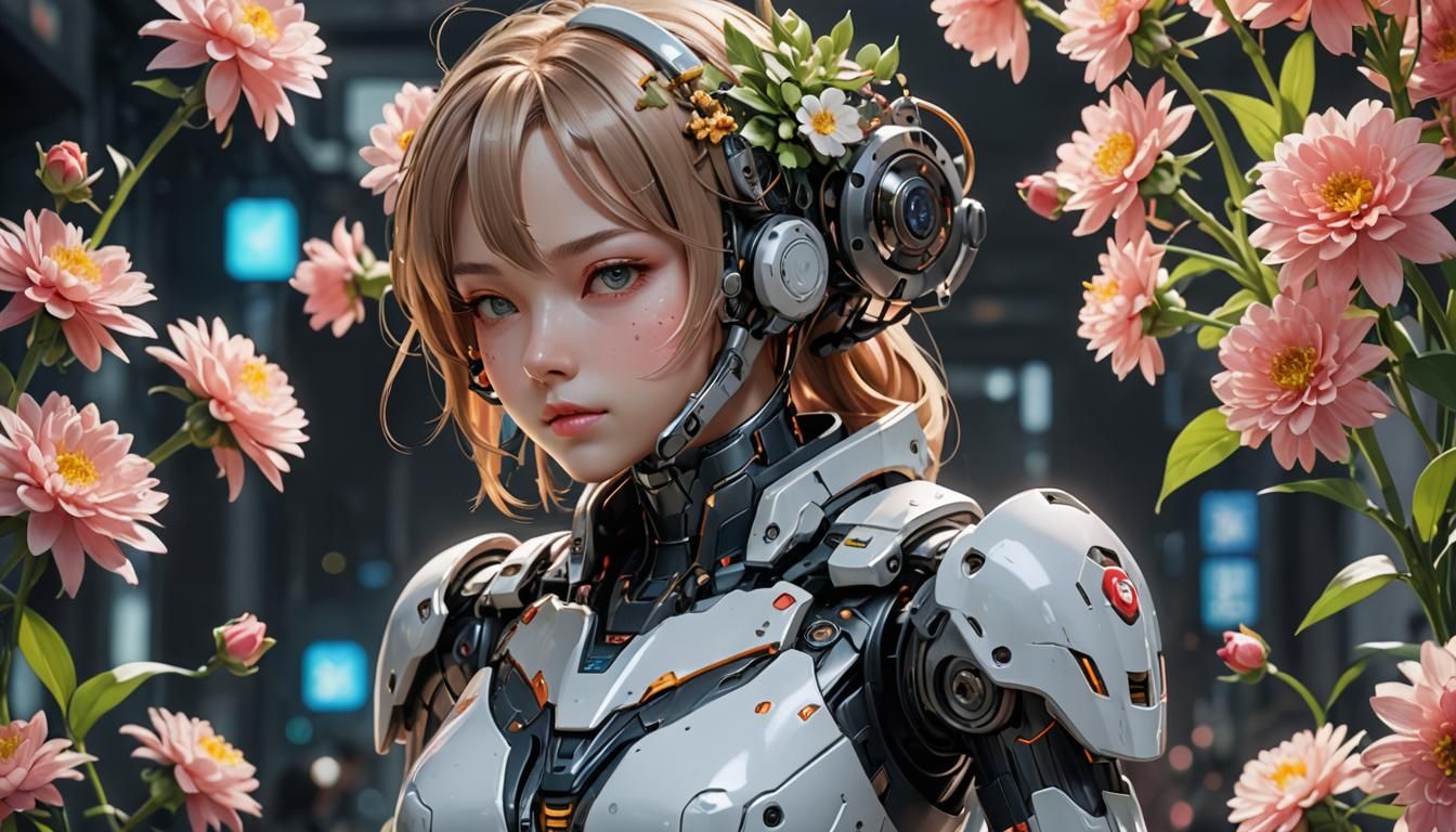 Anime Android Holding a Flower, 3D Render
