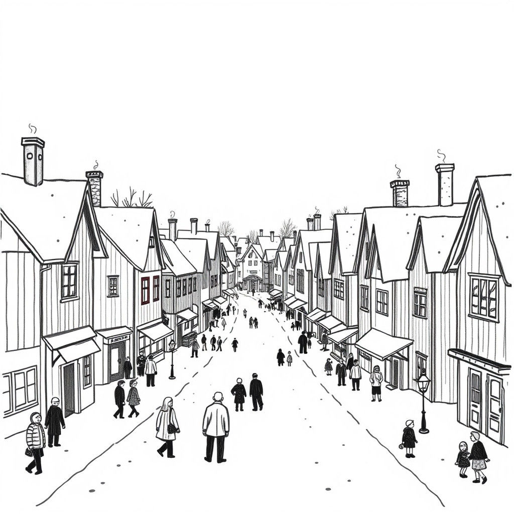 Scandinavian Winter Town in Naive Folk Art Style